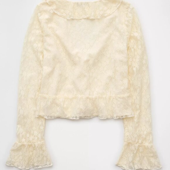 AE Lace Long Sleeve Bell Sleeve Ruffle Blouse Cream Beige Boho - Picture 4 of 4